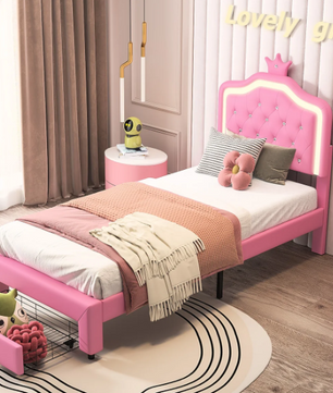 Gestoffeerd Kinderbed met Kroonhoofdbord en LED-verlichting – Met Opberglades en Verstelbaar Hoofdeinde