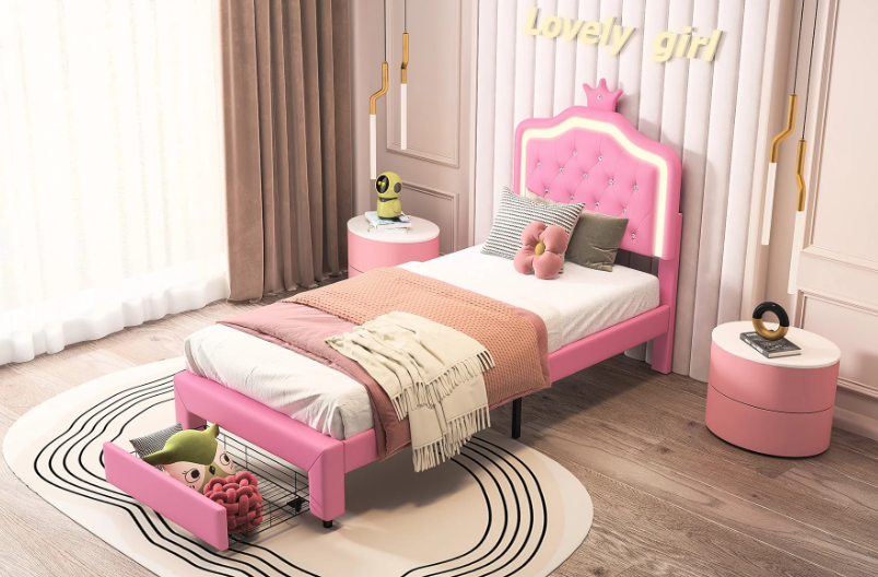 Gestoffeerd Kinderbed met Kroonhoofdbord en LED-verlichting – Met Opberglades en Verstelbaar Hoofdeinde