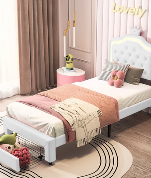 Gestoffeerd Kinderbed met Kroonhoofdbord en LED-verlichting – Met Opberglades en Verstelbaar Hoofdeinde