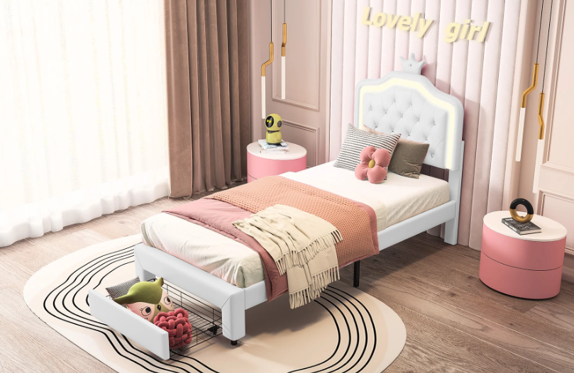 Gestoffeerd Kinderbed met Kroonhoofdbord en LED-verlichting – Met Opberglades en Verstelbaar Hoofdeinde