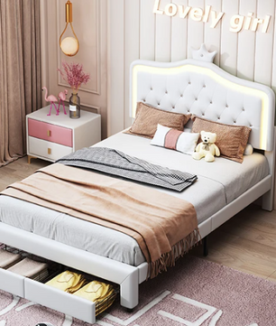 Gestoffeerd Kinderbed met Kroonhoofdbord en LED-verlichting – Met Opberglades en Verstelbaar Hoofdeinde