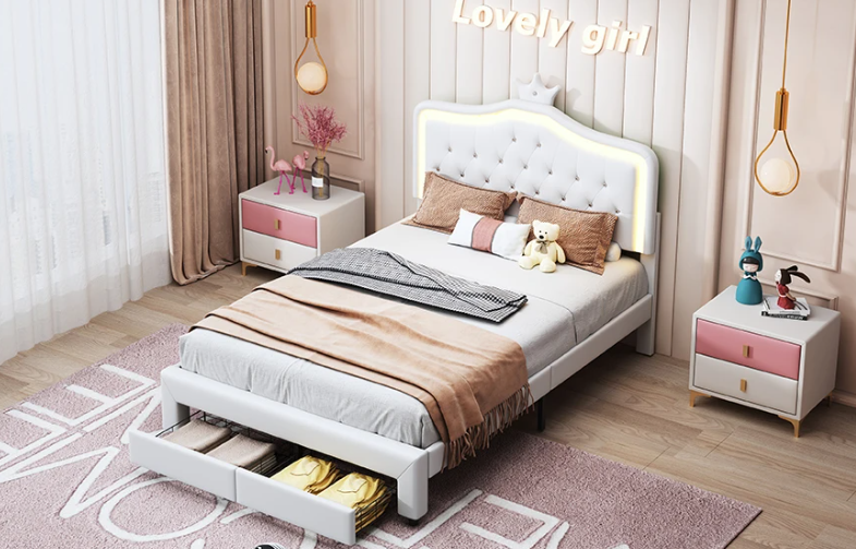 Gestoffeerd Kinderbed met Kroonhoofdbord en LED-verlichting – Met Opberglades en Verstelbaar Hoofdeinde