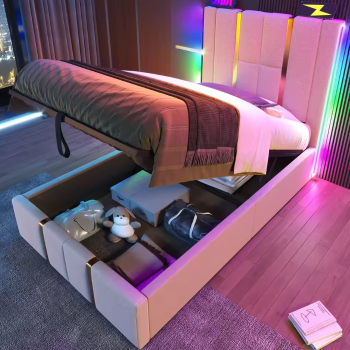 Gestoffeerd Eenpersoonsbed 90 × 200 cm – Met LED-verlichting, USB-C Oplaadfunctie, App-bediening en Lattenbodem