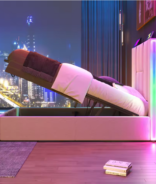 Gestoffeerd Eenpersoonsbed 90 × 200 cm – Met LED-verlichting, USB-C Oplaadfunctie, App-bediening en Lattenbodem