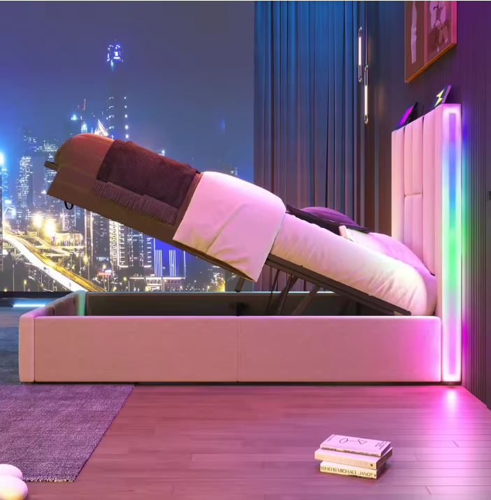 Gestoffeerd Eenpersoonsbed 90 × 200 cm – Met LED-verlichting, USB-C Oplaadfunctie, App-bediening en Lattenbodem