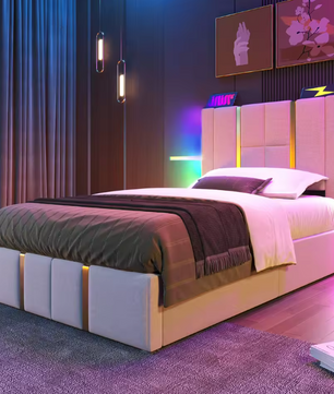 Gestoffeerd Eenpersoonsbed 90 × 200 cm – Met LED-verlichting, USB-C Oplaadfunctie, App-bediening en Lattenbodem