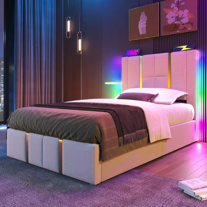 Gestoffeerd Eenpersoonsbed 90 × 200 cm – Met LED-verlichting, USB-C Oplaadfunctie, App-bediening en Lattenbodem