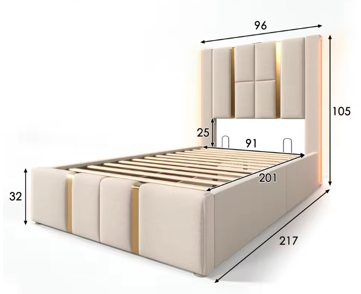 Gestoffeerd Eenpersoonsbed 90 × 200 cm – Met LED-verlichting, USB-C Oplaadfunctie, App-bediening en Lattenbodem