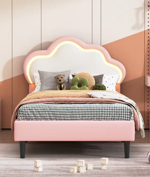 Eenpersoonsbed 90 × 200 cm met Wolkvormig LED-Hoofdeinde – Gestoffeerd Kunstleren Bedframe met Lattenbodem