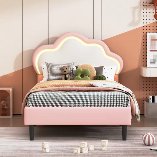 Eenpersoonsbed 90 × 200 cm met Wolkvormig LED-Hoofdeinde – Gestoffeerd Kunstleren Bedframe met Lattenbodem