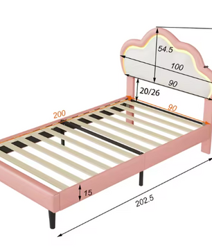 Eenpersoonsbed 90 × 200 cm met Wolkvormig LED-Hoofdeinde – Gestoffeerd Kunstleren Bedframe met Lattenbodem