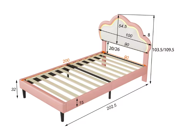 Eenpersoonsbed 90 × 200 cm met Wolkvormig LED-Hoofdeinde – Gestoffeerd Kunstleren Bedframe met Lattenbodem