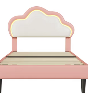 Eenpersoonsbed 90 × 200 cm met Wolkvormig LED-Hoofdeinde – Gestoffeerd Kunstleren Bedframe met Lattenbodem