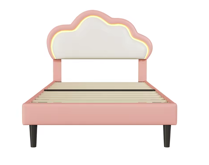 Eenpersoonsbed 90 × 200 cm met Wolkvormig LED-Hoofdeinde – Gestoffeerd Kunstleren Bedframe met Lattenbodem