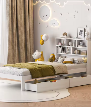 Eenpersoonsbed 90 × 200 cm met Opberglades – Modern Bedframe met Hoofdplank