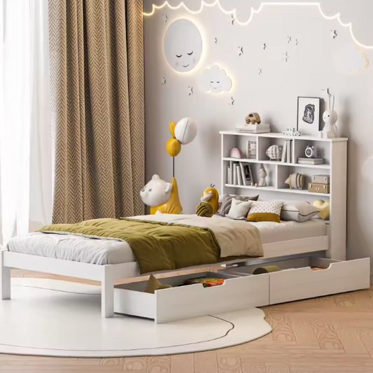 Eenpersoonsbed 90 × 200 cm met Opberglades – Modern Bedframe met Hoofdplank