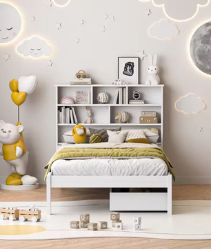 Eenpersoonsbed 90 × 200 cm met Opberglades – Modern Bedframe met Hoofdplank