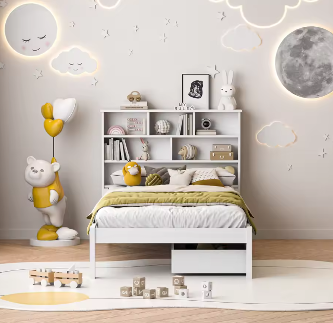 Eenpersoonsbed 90 × 200 cm met Opberglades – Modern Bedframe met Hoofdplank