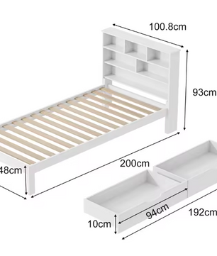 Eenpersoonsbed 90 × 200 cm met Opberglades – Modern Bedframe met Hoofdplank