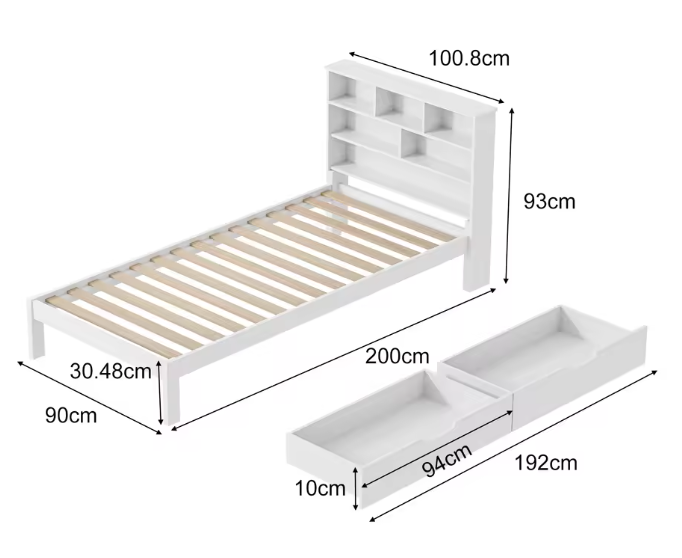 Eenpersoonsbed 90 × 200 cm met Opberglades – Modern Bedframe met Hoofdplank