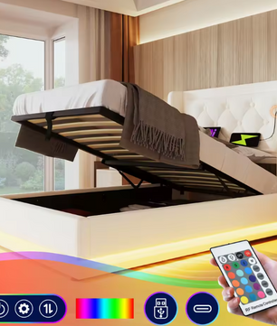 Gestoffeerd Eenpersoonsbed 90 × 200 cm met Hydraulische Opbergruimte en USB-C Hoofdeinde – 3-zijdig Bedframe van PU