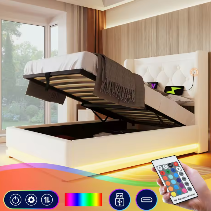 Gestoffeerd Eenpersoonsbed 90 × 200 cm met Hydraulische Opbergruimte en USB-C Hoofdeinde – 3-zijdig Bedframe van PU