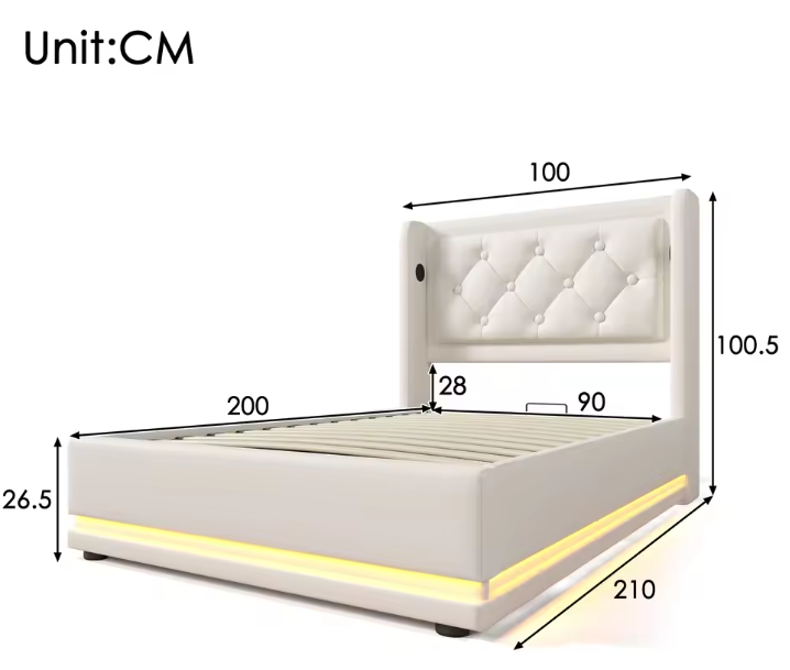 Gestoffeerd Eenpersoonsbed 90 × 200 cm met Hydraulische Opbergruimte en USB-C Hoofdeinde – 3-zijdig Bedframe van PU