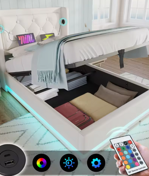 Gestoffeerd Eenpersoonsbed 90 × 200 cm met Hydraulische Opbergruimte en USB-C Hoofdeinde – 3-zijdig Bedframe van PU