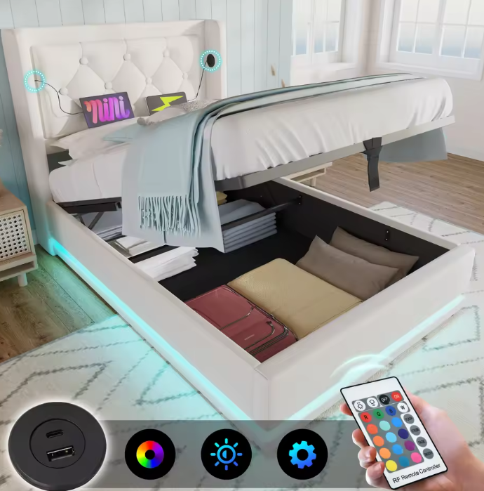 Gestoffeerd Eenpersoonsbed 90 × 200 cm met Hydraulische Opbergruimte en USB-C Hoofdeinde – 3-zijdig Bedframe van PU