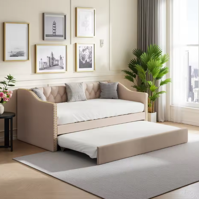 Opklapbare Slaapbank 90 × 200 cm – Gestoffeerd Dagbed met Uittrekbaar Bed en Linnen Bekleding