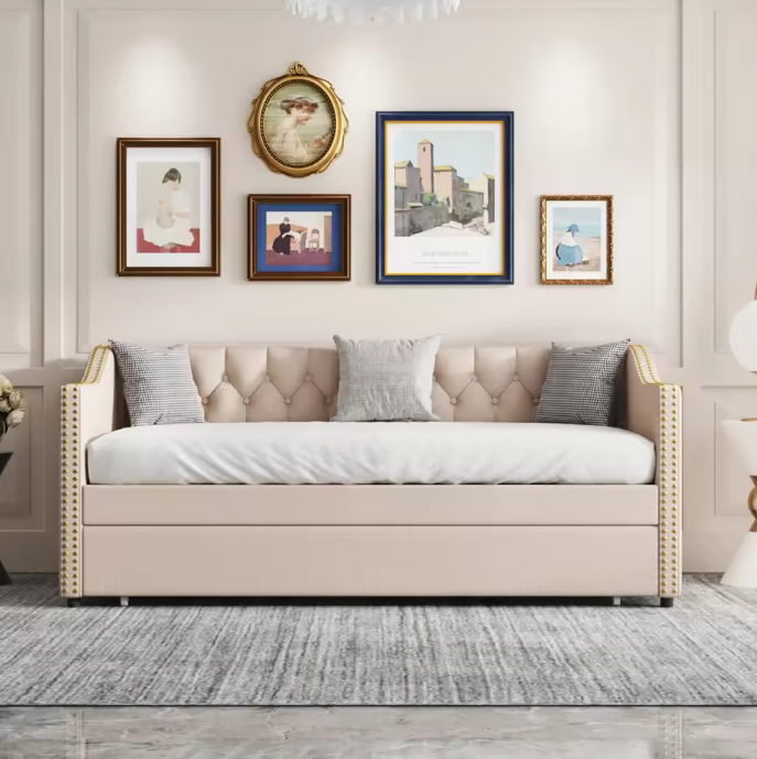 Opklapbare Slaapbank 90 × 200 cm – Gestoffeerd Dagbed met Uittrekbaar Bed en Linnen Bekleding