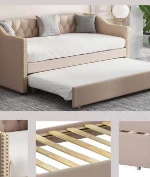 Opklapbare Slaapbank 90 × 200 cm – Gestoffeerd Dagbed met Uittrekbaar Bed en Linnen Bekleding