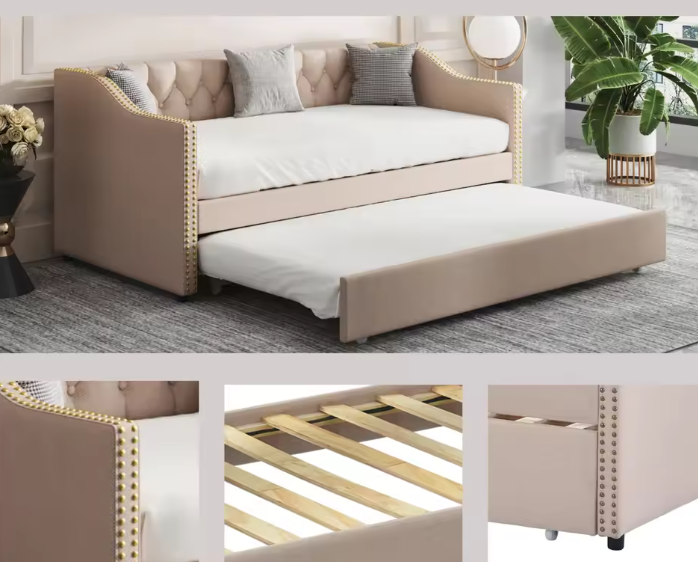 Opklapbare Slaapbank 90 × 200 cm – Gestoffeerd Dagbed met Uittrekbaar Bed en Linnen Bekleding