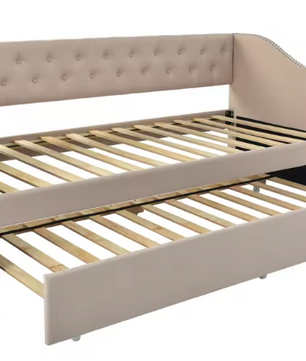 Opklapbare Slaapbank 90 × 200 cm – Gestoffeerd Dagbed met Uittrekbaar Bed en Linnen Bekleding