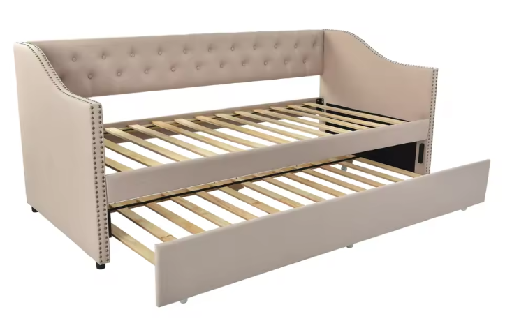 Opklapbare Slaapbank 90 × 200 cm – Gestoffeerd Dagbed met Uittrekbaar Bed en Linnen Bekleding