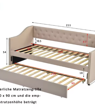 Opklapbare Slaapbank 90 × 200 cm – Gestoffeerd Dagbed met Uittrekbaar Bed en Linnen Bekleding