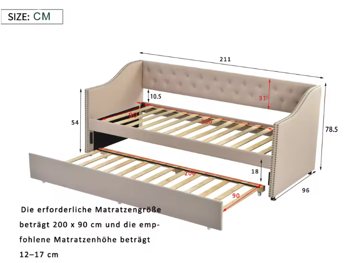 Opklapbare Slaapbank 90 × 200 cm – Gestoffeerd Dagbed met Uittrekbaar Bed en Linnen Bekleding