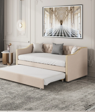 Opklapbare Slaapbank 90 × 200 cm – Gestoffeerd Dagbed met Uittrekbaar Bed en Linnen Bekleding