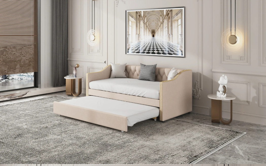 Opklapbare Slaapbank 90 × 200 cm – Gestoffeerd Dagbed met Uittrekbaar Bed en Linnen Bekleding