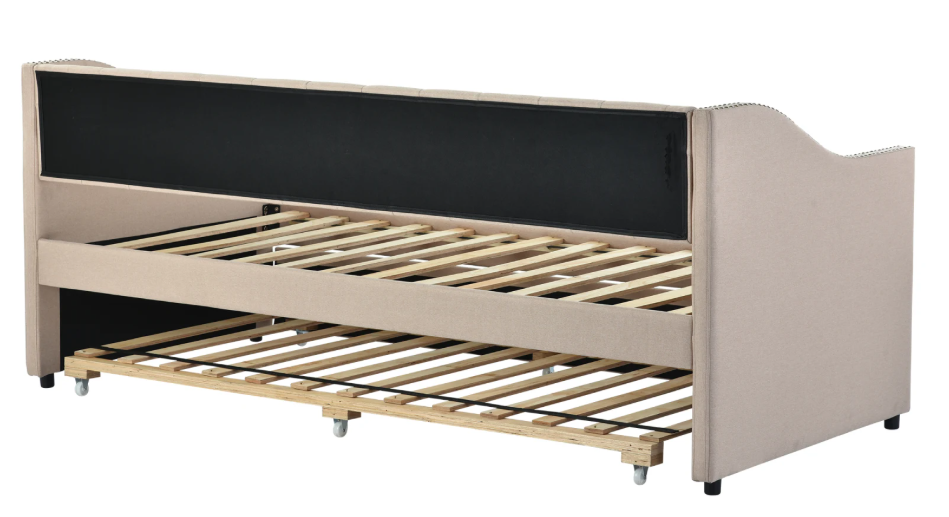 Opklapbare Slaapbank 90 × 200 cm – Gestoffeerd Dagbed met Uittrekbaar Bed en Linnen Bekleding