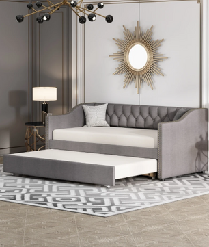 Opklapbare Slaapbank 90 × 200 cm – Gestoffeerd Dagbed met Uittrekbaar Bed en Linnen Bekleding