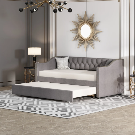 Opklapbare Slaapbank 90 × 200 cm – Gestoffeerd Dagbed met Uittrekbaar Bed en Linnen Bekleding