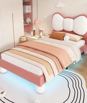 Gestoffeerd Kinderbed 90 × 200 cm met Kleurverstelbaar LED-licht – Prinsessen Eenpersoonsbed met Vliegvormig Hoofdeinde