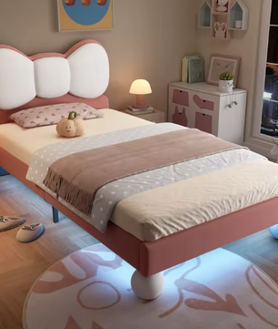 Gestoffeerd Kinderbed 90 × 200 cm met Kleurverstelbaar LED-licht – Prinsessen Eenpersoonsbed met Vliegvormig Hoofdeinde
