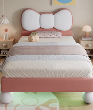 Gestoffeerd Kinderbed 90 × 200 cm met Kleurverstelbaar LED-licht – Prinsessen Eenpersoonsbed met Vliegvormig Hoofdeinde