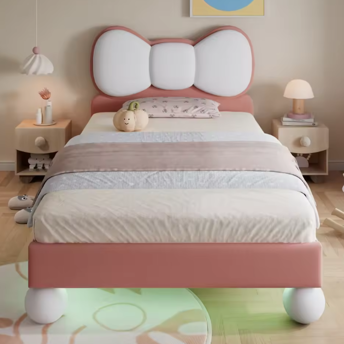 Gestoffeerd Kinderbed 90 × 200 cm met Kleurverstelbaar LED-licht – Prinsessen Eenpersoonsbed met Vliegvormig Hoofdeinde