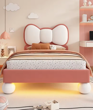 Gestoffeerd Kinderbed 90 × 200 cm met Kleurverstelbaar LED-licht – Prinsessen Eenpersoonsbed met Vliegvormig Hoofdeinde