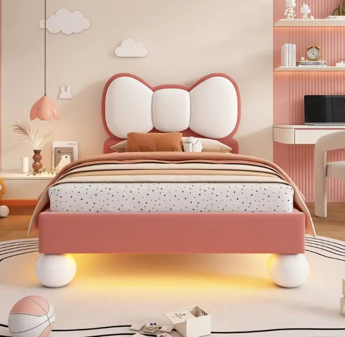 Gestoffeerd Kinderbed 90 × 200 cm met Kleurverstelbaar LED-licht – Prinsessen Eenpersoonsbed met Vliegvormig Hoofdeinde