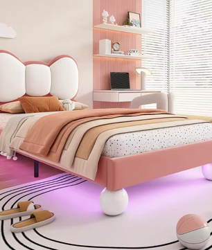 Gestoffeerd Kinderbed 90 × 200 cm met Kleurverstelbaar LED-licht – Prinsessen Eenpersoonsbed met Vliegvormig Hoofdeinde