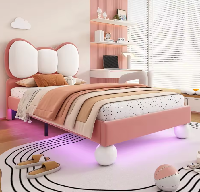 Gestoffeerd Kinderbed 90 × 200 cm met Kleurverstelbaar LED-licht – Prinsessen Eenpersoonsbed met Vliegvormig Hoofdeinde